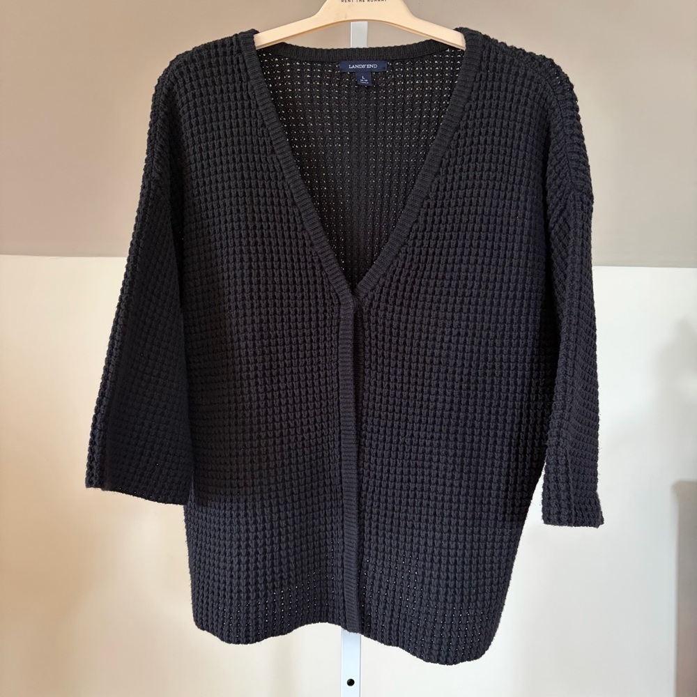 Land’s End Black Chunky Knit Textured Cardigan Sweater Slouchy Cozy Large 14 16